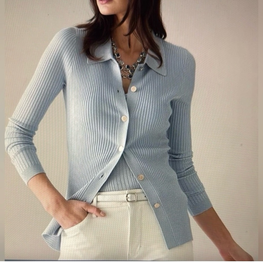 White House Black market Light Blue Ribbed Front Sliver Button Cardigan/Top NWOT